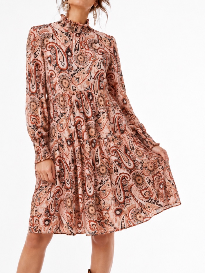 Anthropologie Pink & Brown Paisley Tiered Long-Sleeve Mini Dress